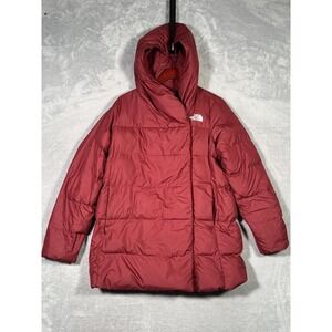 North Face Parka Womens M Red Bagley Down Coat Hooded Puffer Mid Length